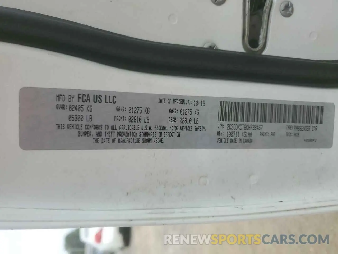 12 Photograph of a damaged car 2C3CDXCT6KH738467 DODGE CHARGER 2019