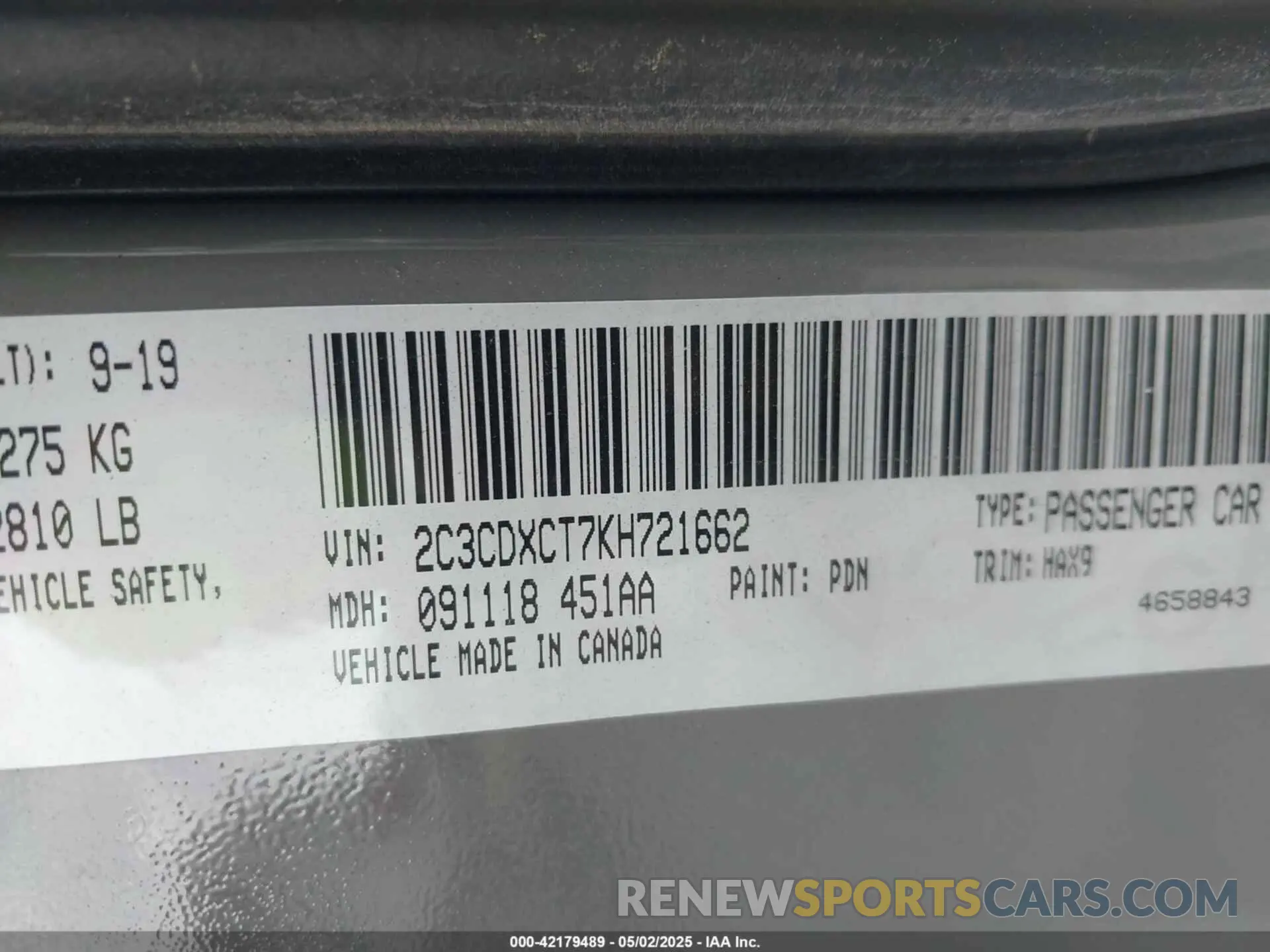 9 Photograph of a damaged car 2C3CDXCT7KH721662 DODGE CHARGER 2019