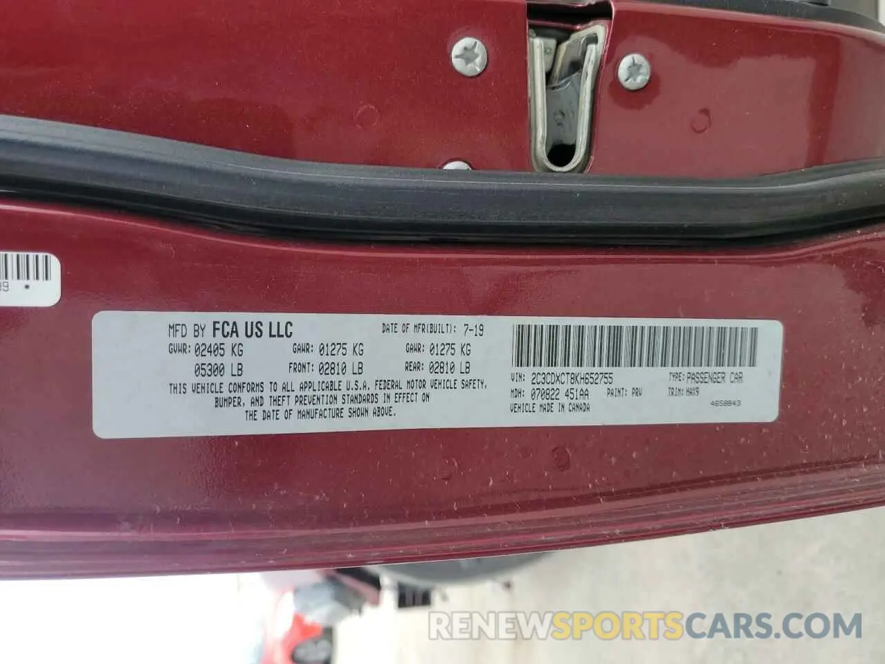 12 Photograph of a damaged car 2C3CDXCT8KH652755 DODGE CHARGER 2019