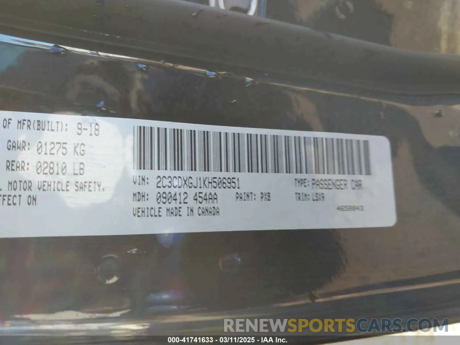 9 Photograph of a damaged car 2C3CDXGJ1KH506951 DODGE CHARGER 2019