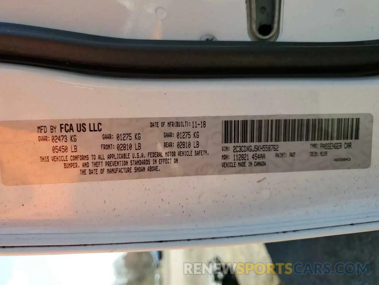 13 Photograph of a damaged car 2C3CDXGJ5KH558762 DODGE CHARGER 2019