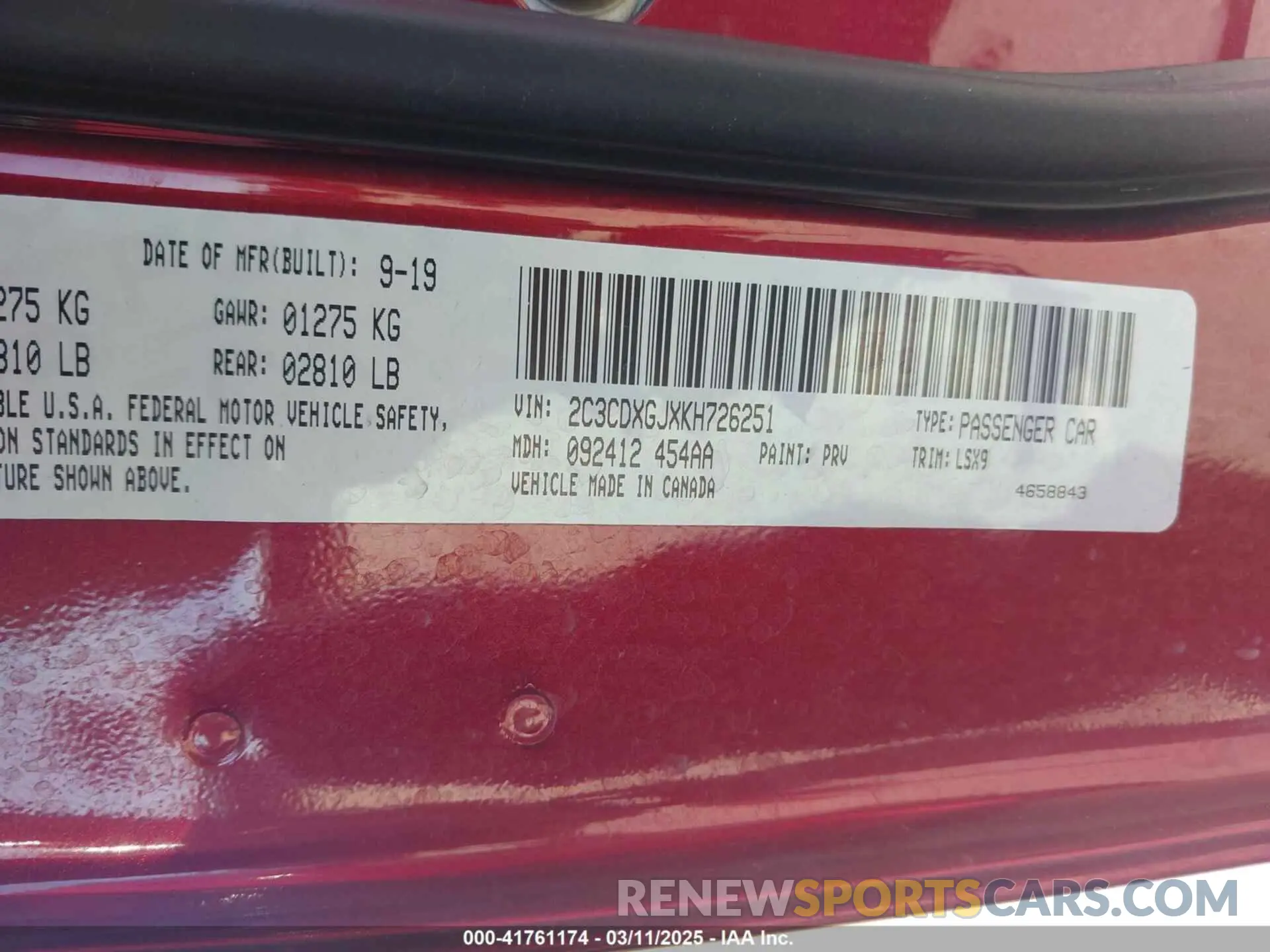 9 Photograph of a damaged car 2C3CDXGJXKH726251 DODGE CHARGER 2019