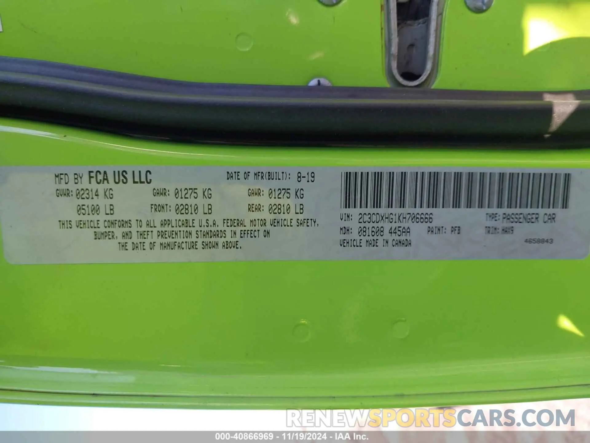 9 Photograph of a damaged car 2C3CDXHG1KH706666 DODGE CHARGER 2019