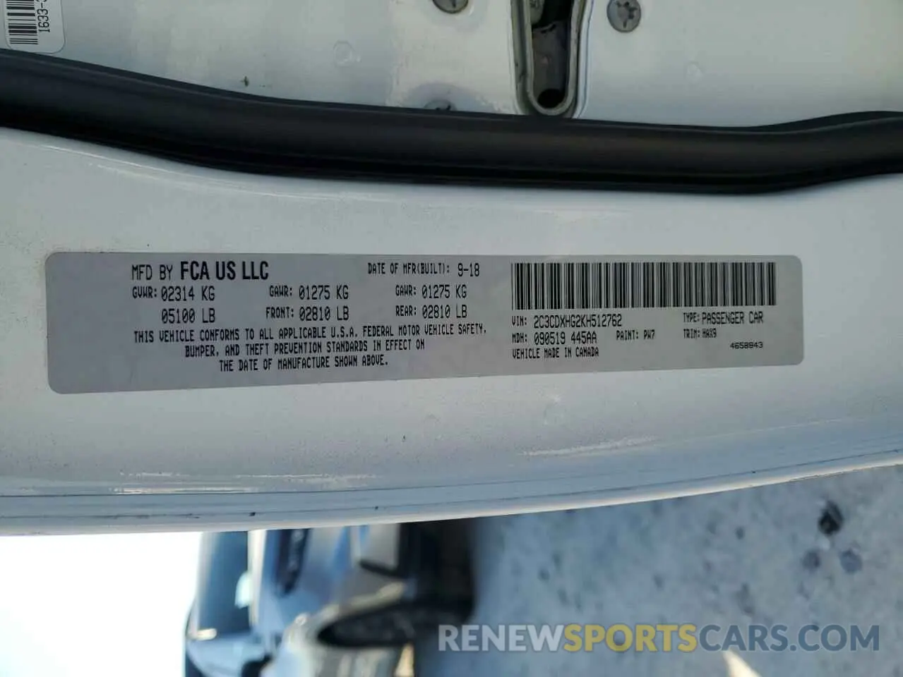 12 Photograph of a damaged car 2C3CDXHG2KH512762 DODGE CHARGER 2019
