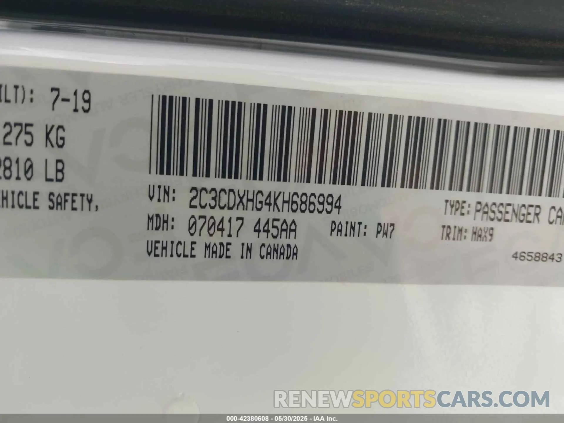 9 Photograph of a damaged car 2C3CDXHG4KH686994 DODGE CHARGER 2019