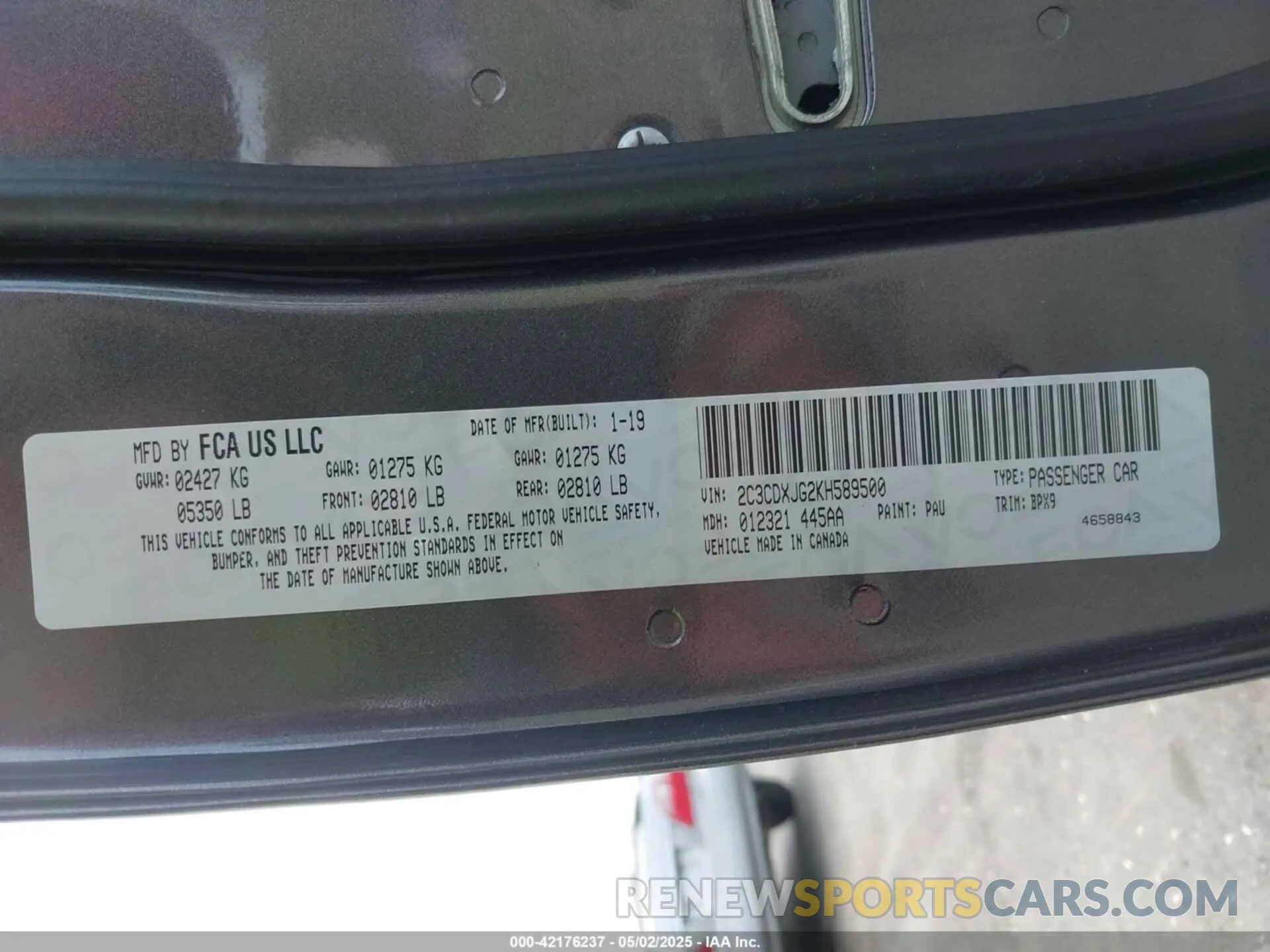 9 Photograph of a damaged car 2C3CDXJG2KH589500 DODGE CHARGER 2019