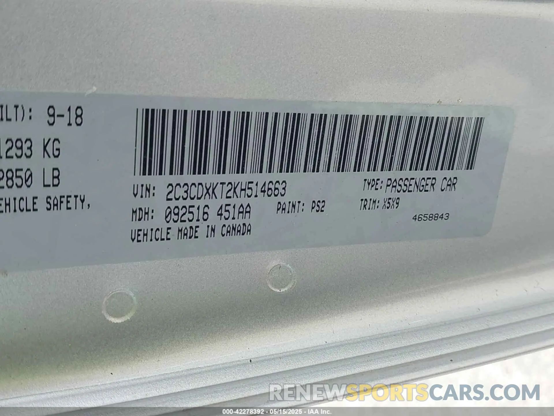 9 Photograph of a damaged car 2C3CDXKT2KH514663 DODGE CHARGER 2019