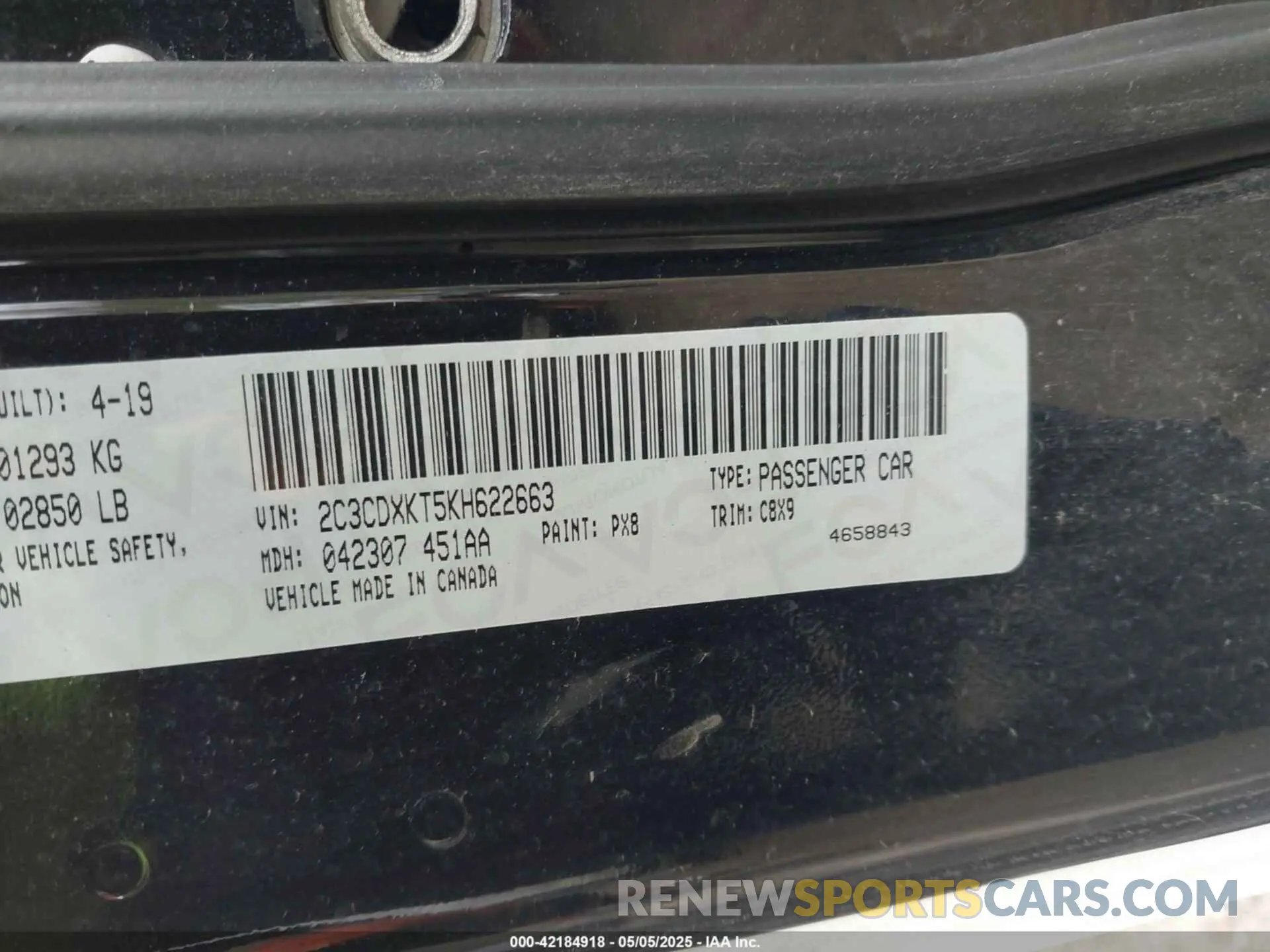 9 Photograph of a damaged car 2C3CDXKT5KH622663 DODGE CHARGER 2019