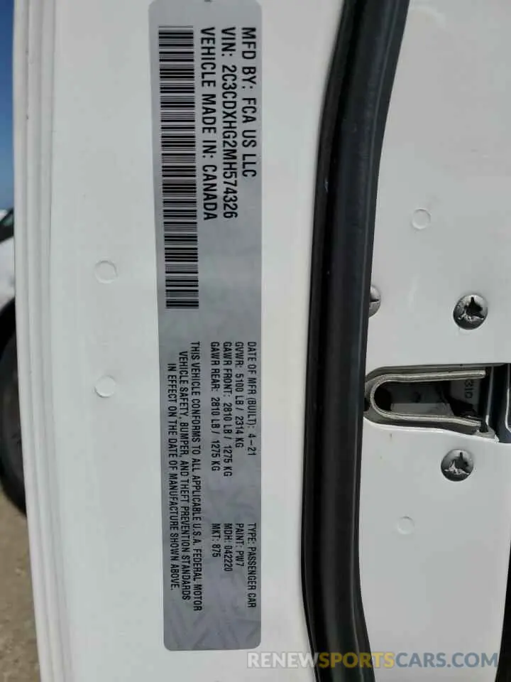 12 Photograph of a damaged car 2C3CDXHG2MH574326 DODGE CHARGER 2021