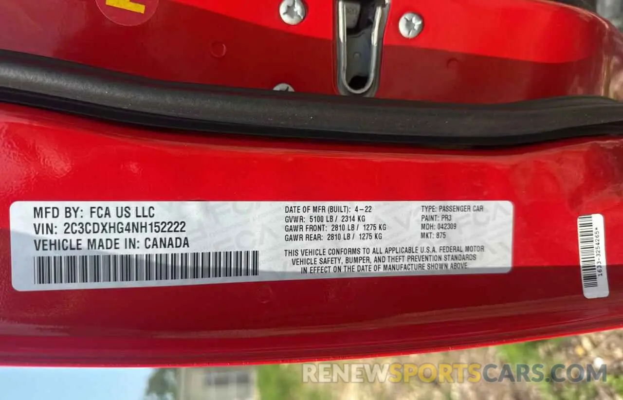 10 Photograph of a damaged car 2C3CDXHG4NH152222 DODGE CHARGER 2022