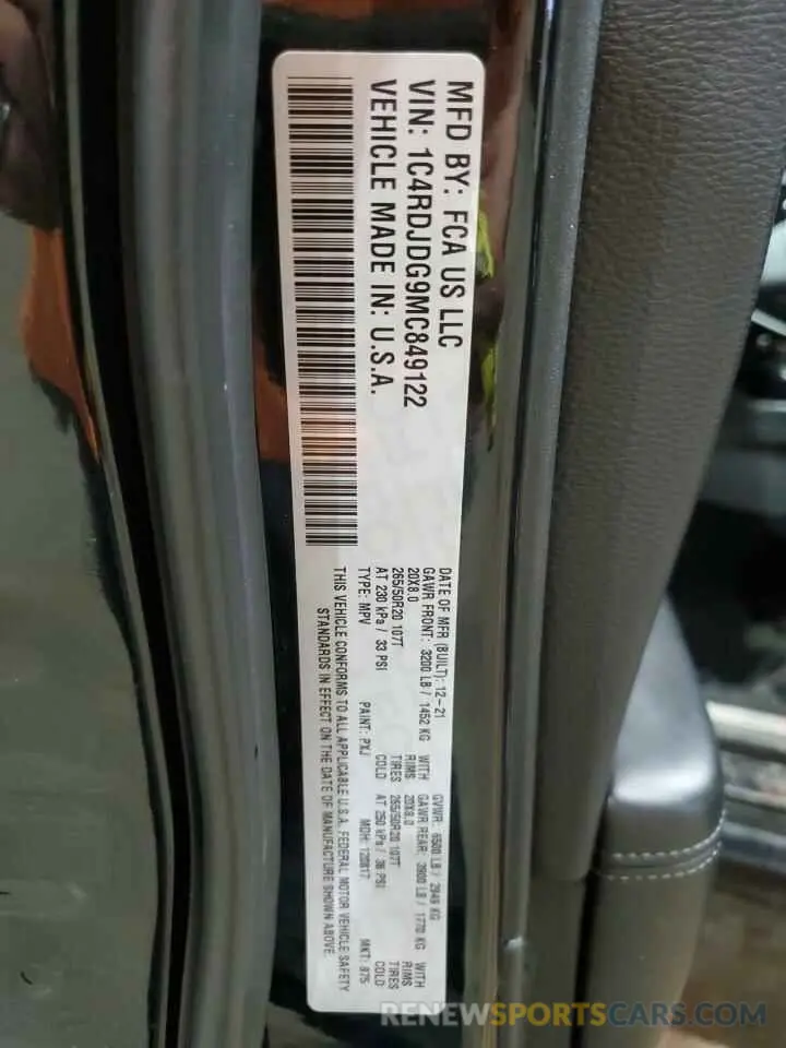 14 Photograph of a damaged car 1C4RDJDG9MC849122 DODGE DURANGO 2021