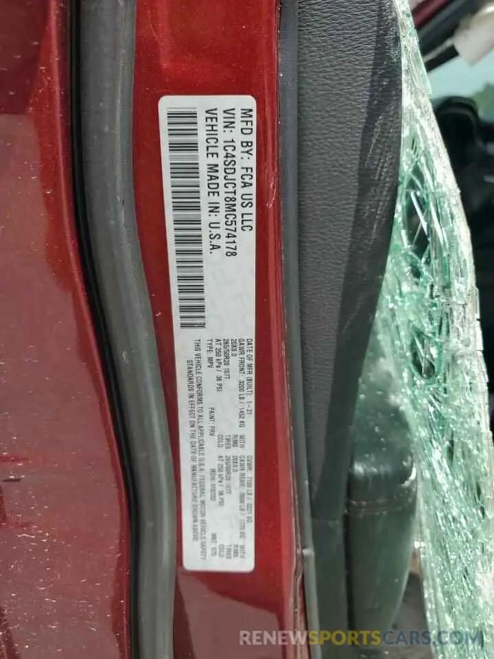 13 Photograph of a damaged car 1C4SDJCT8MC574178 DODGE DURANGO 2021
