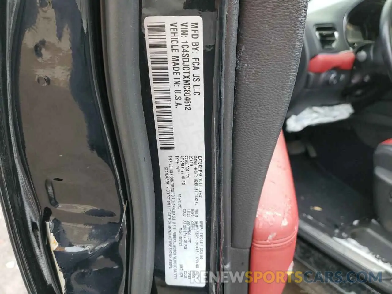 14 Photograph of a damaged car 1C4SDJCTXMC804612 DODGE DURANGO 2021