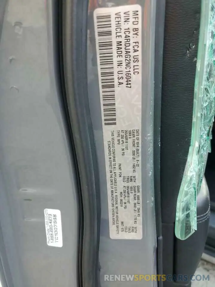 13 Photograph of a damaged car 1C4RDJAG2NC160447 DODGE DURANGO 2022