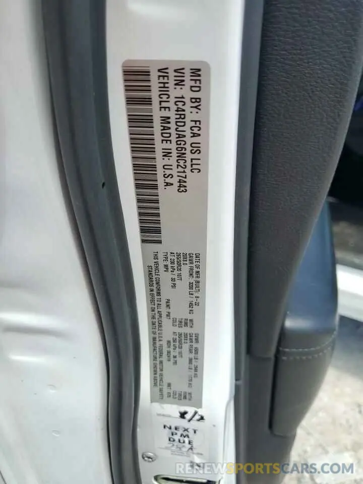 14 Photograph of a damaged car 1C4RDJAG6NC217443 DODGE DURANGO 2022