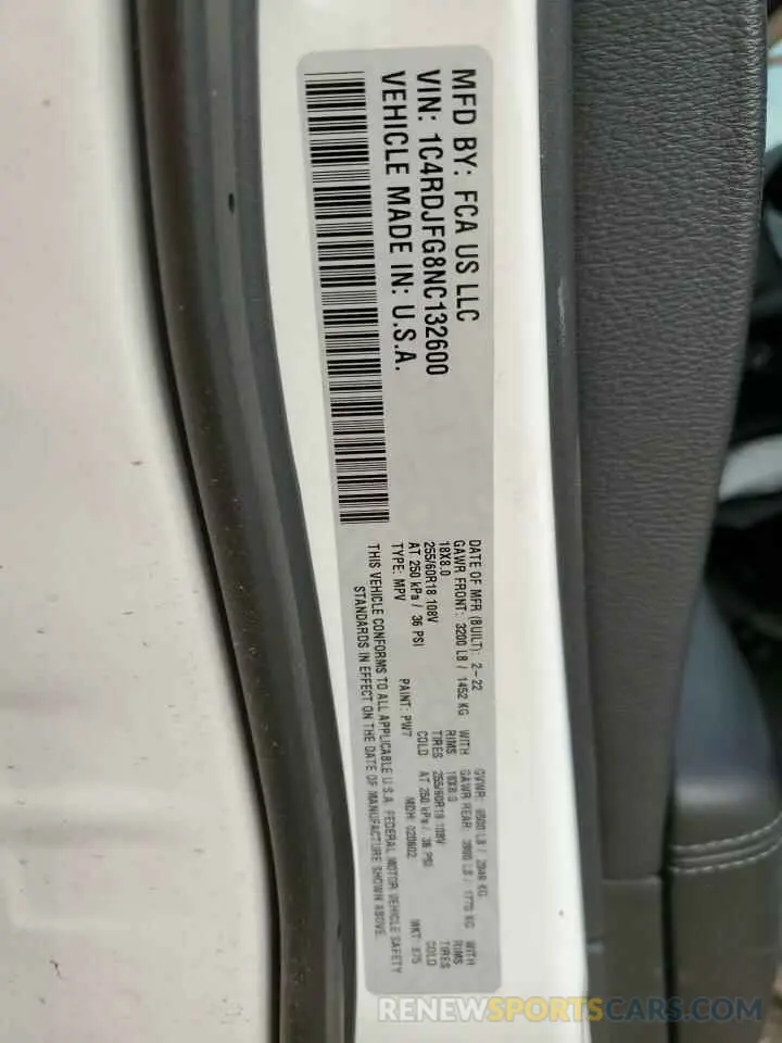 12 Photograph of a damaged car 1C4RDJFG8NC132600 DODGE DURANGO 2022