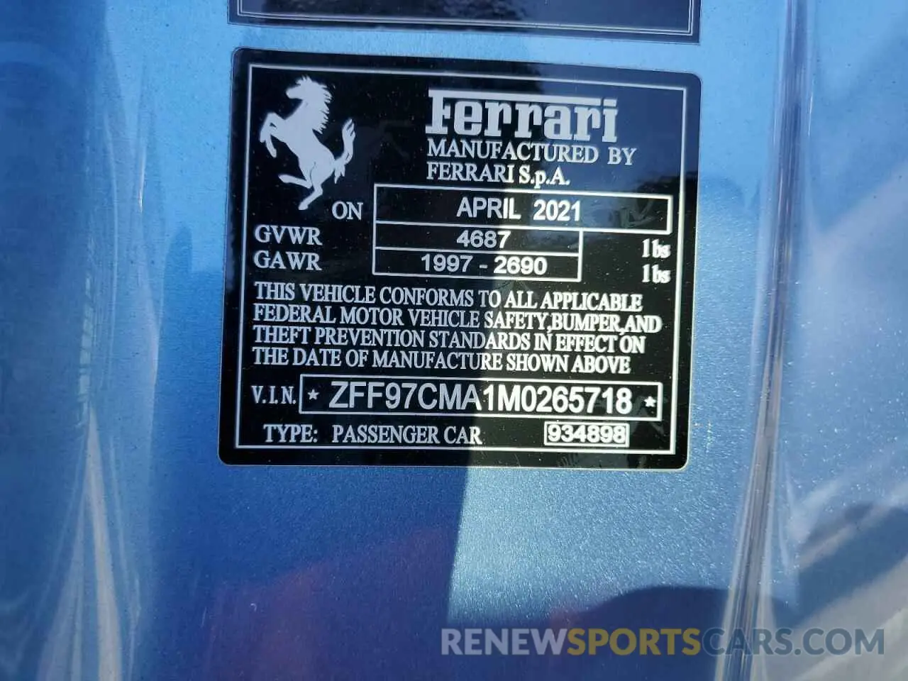 13 Photograph of a damaged car ZFF97CMA1M0265718 FERRARI 812 2021