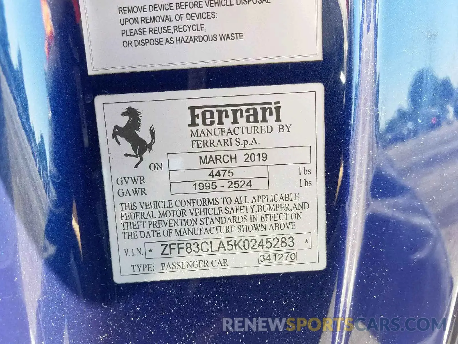 10 Photograph of a damaged car ZFF83CLA5K0245283 FERRARI 812 SUPERF 2019