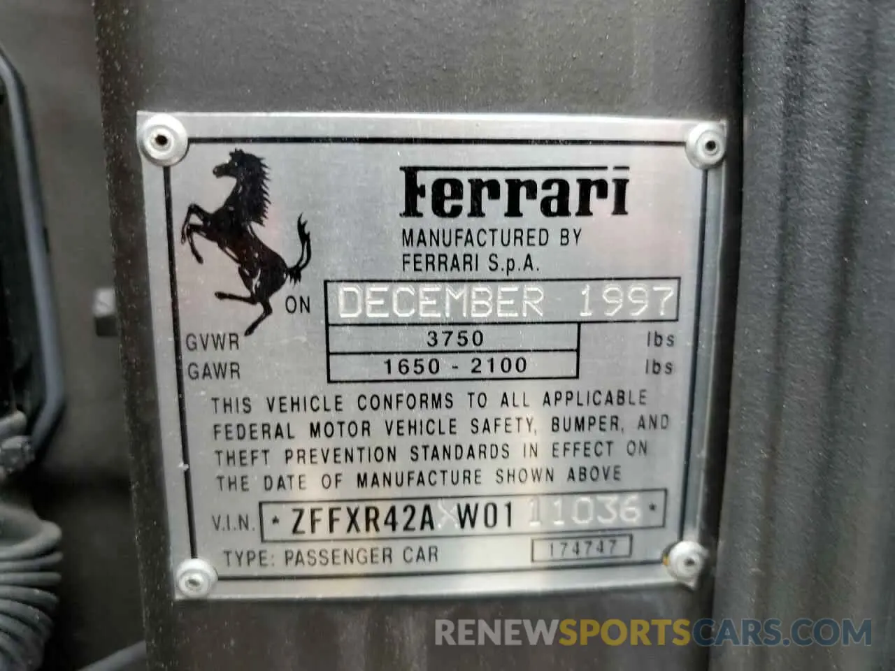 12 Photograph of a damaged car ZFFXR42AXW0111036 FERRARI ALL MODELS 1998