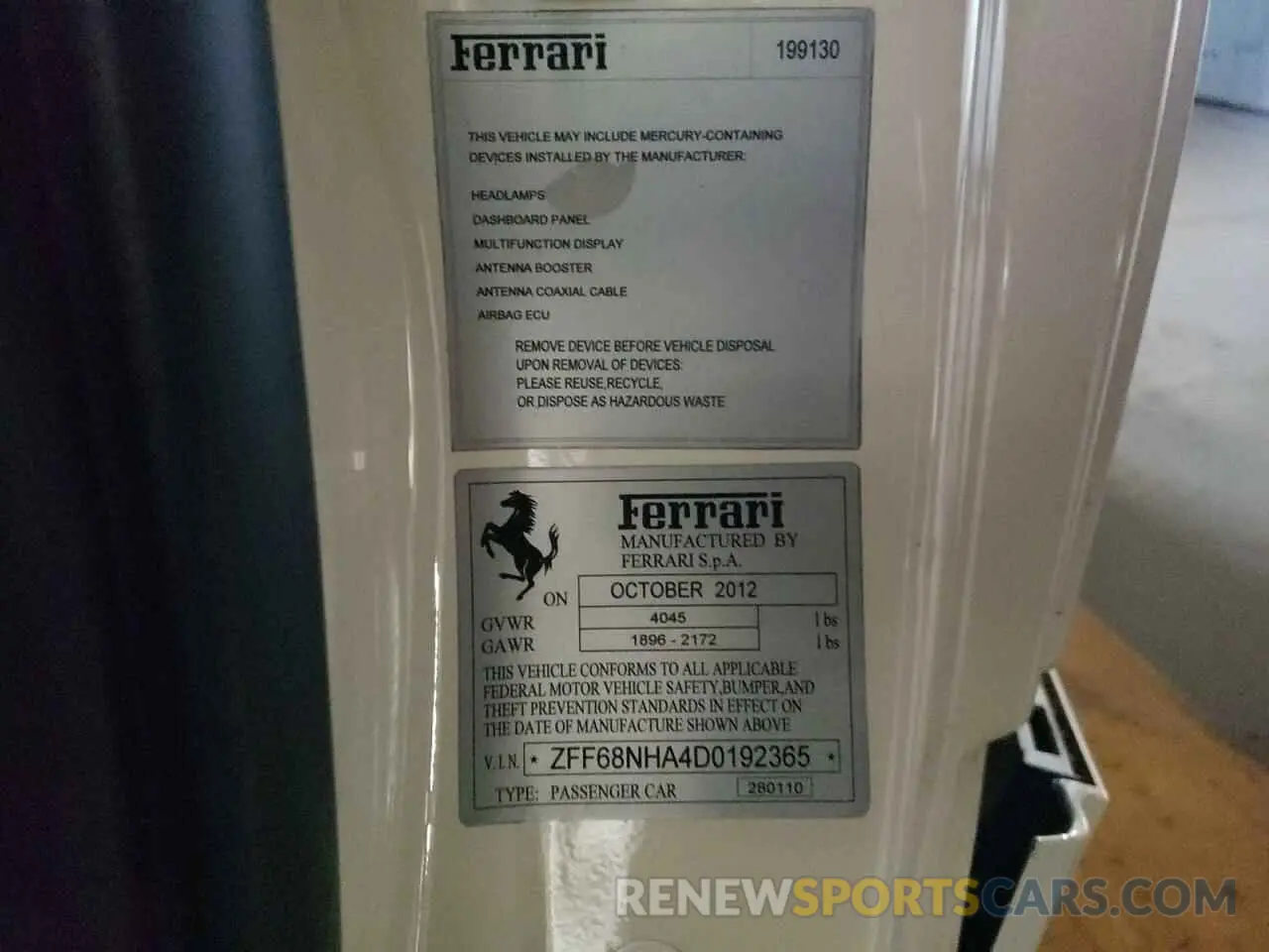 12 Photograph of a damaged car ZFF68NHA4D0192365 FERRARI ALL MODELS 2013