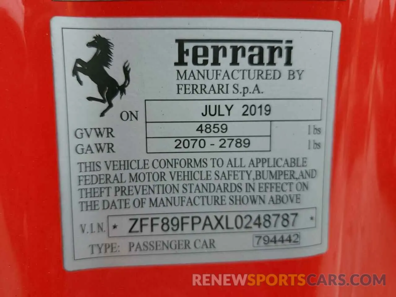 13 Photograph of a damaged car ZFF89FPAXL0248787 FERRARI ALL MODELS 2020
