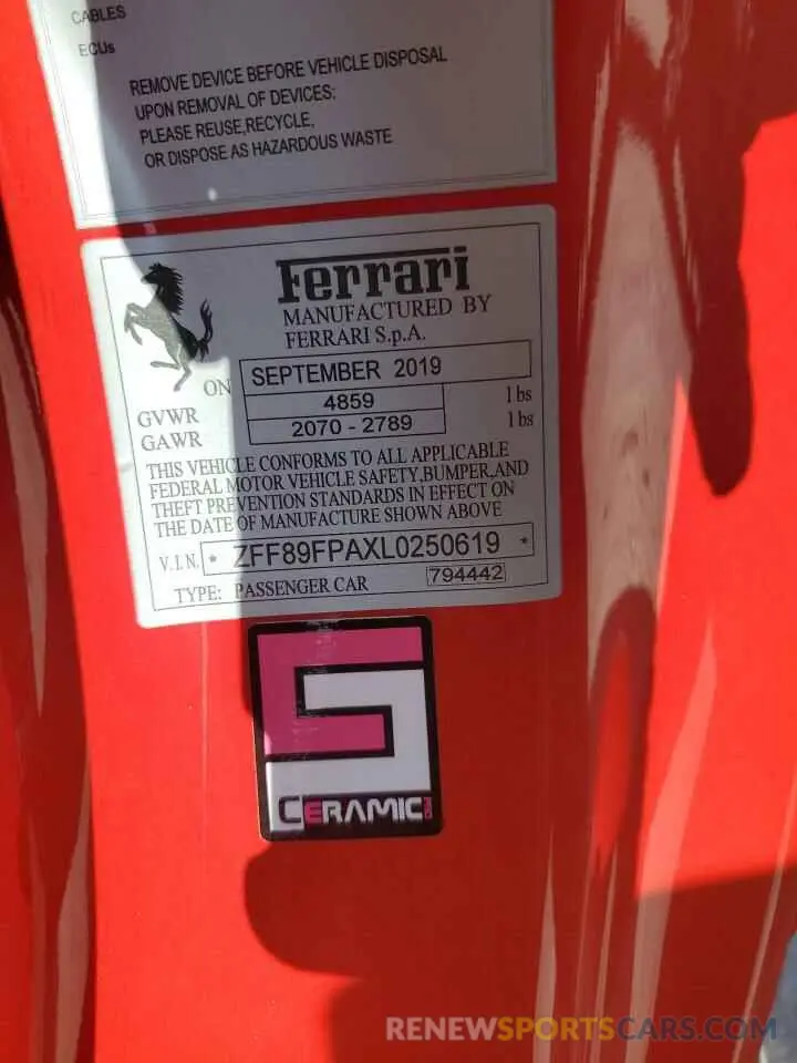 13 Photograph of a damaged car ZFF89FPAXL0250619 FERRARI ALL MODELS 2020