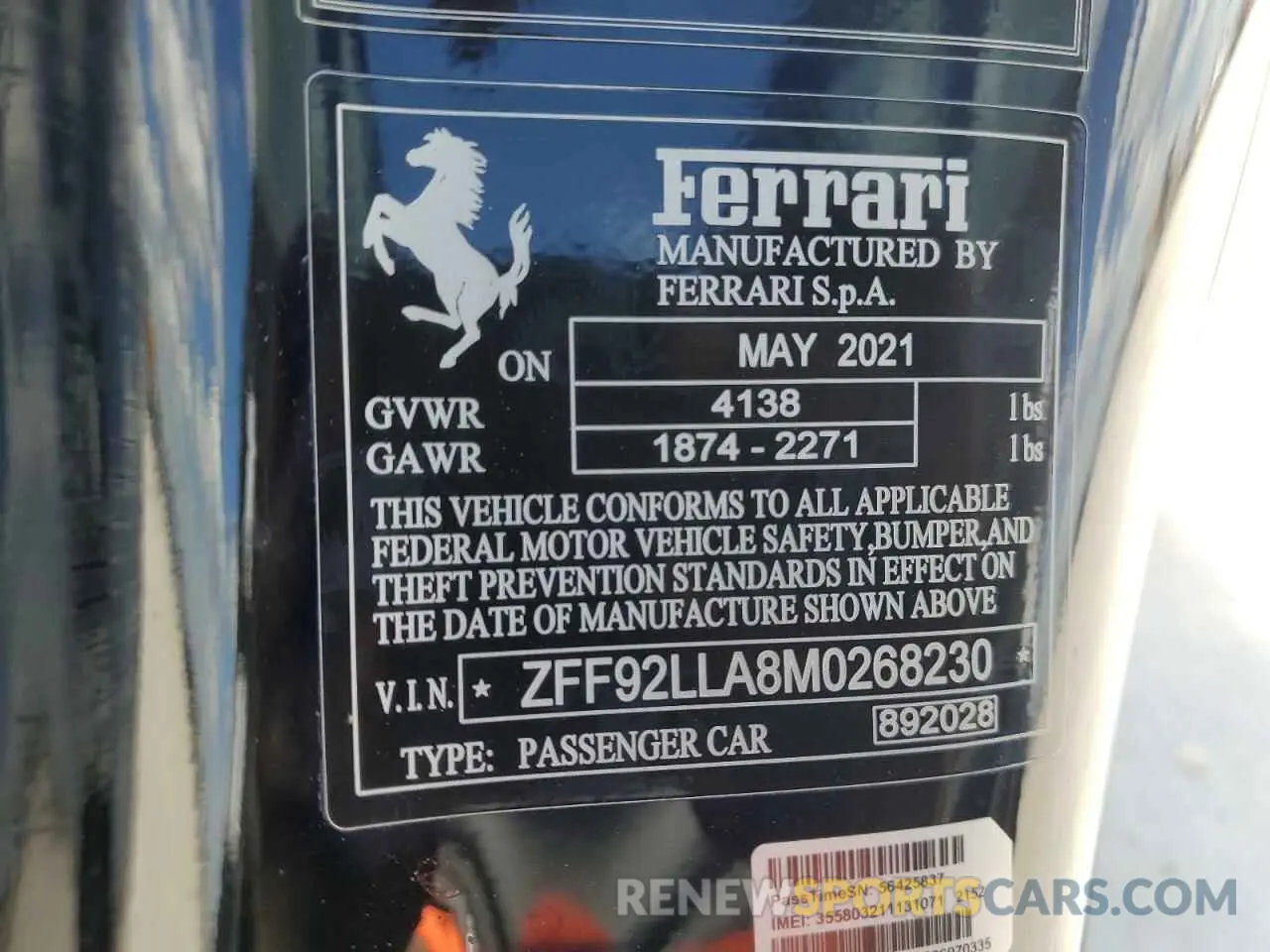 12 Photograph of a damaged car ZFF92LLA8M0268230 FERRARI ALL MODELS 2021