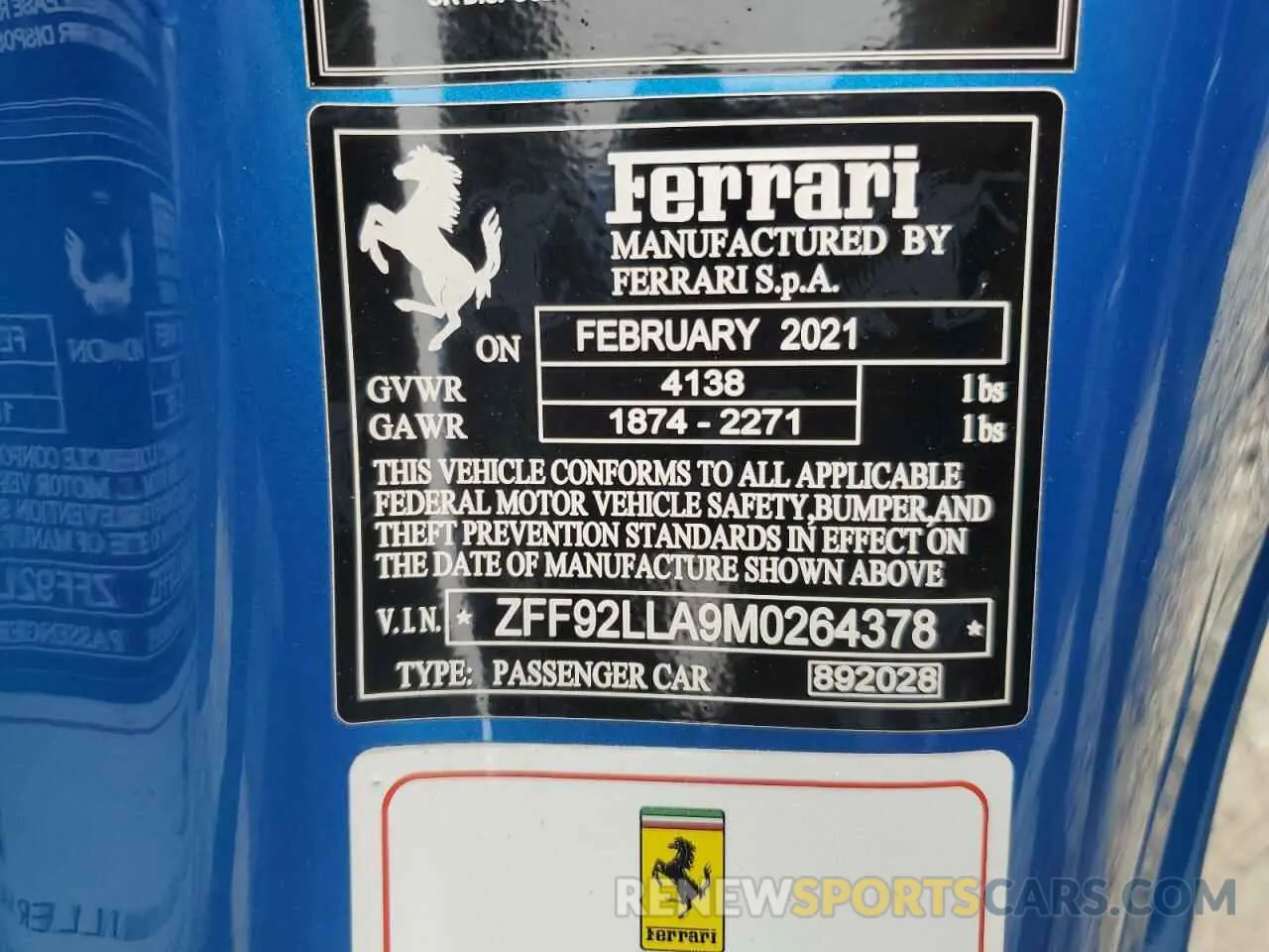 15 Photograph of a damaged car ZFF92LLA9M0264378 FERRARI ALL MODELS 2021