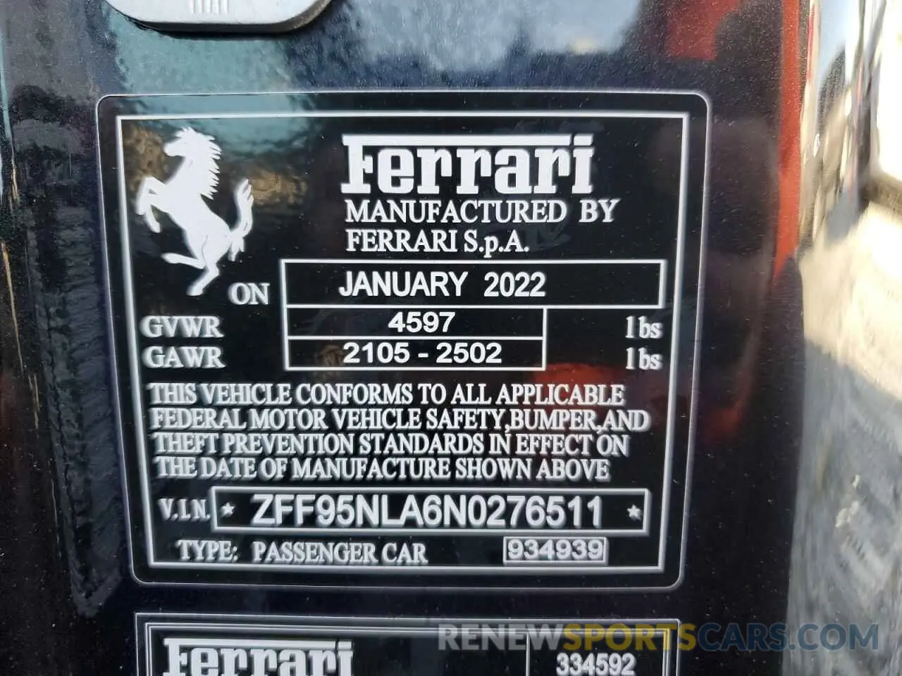13 Photograph of a damaged car ZFF95NLA6N0276511 FERRARI ALL MODELS 2022