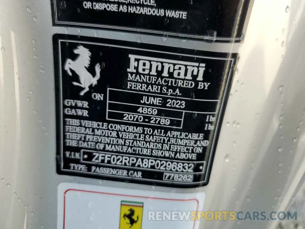 14 Photograph of a damaged car ZFF02RPA8P0296832 FERRARI ALL MODELS 2023