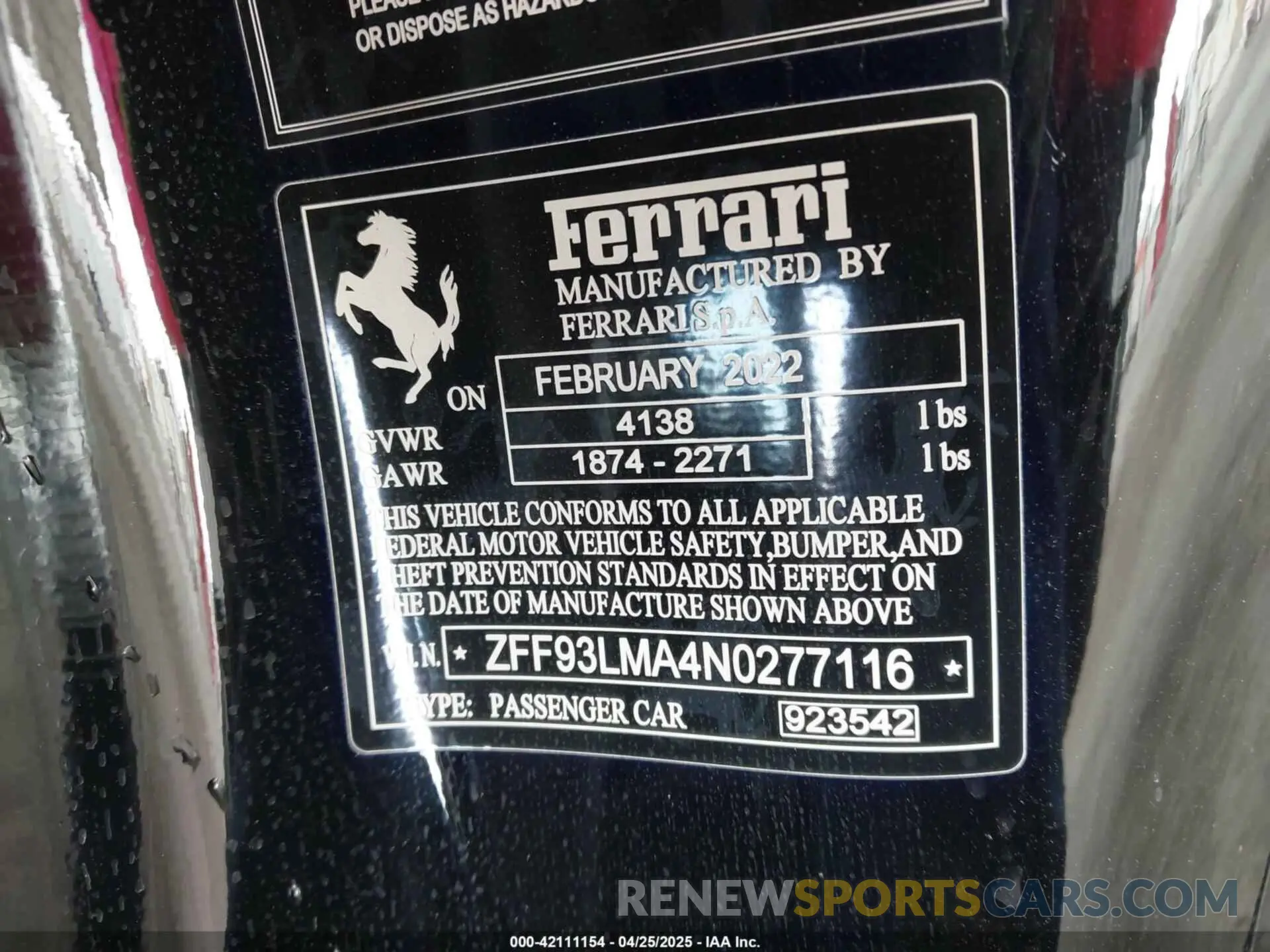 9 Photograph of a damaged car ZFF93LMA4N0277116 FERRARI F8 SPIDER 2022