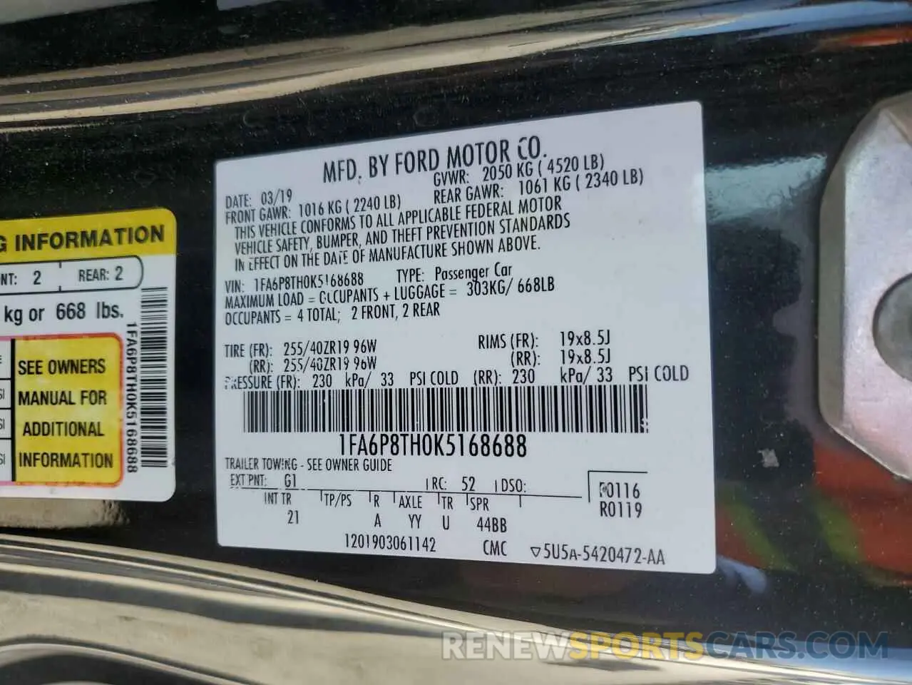 13 Photograph of a damaged car 1FA6P8TH0K5168688 FORD ALL Models 2019
