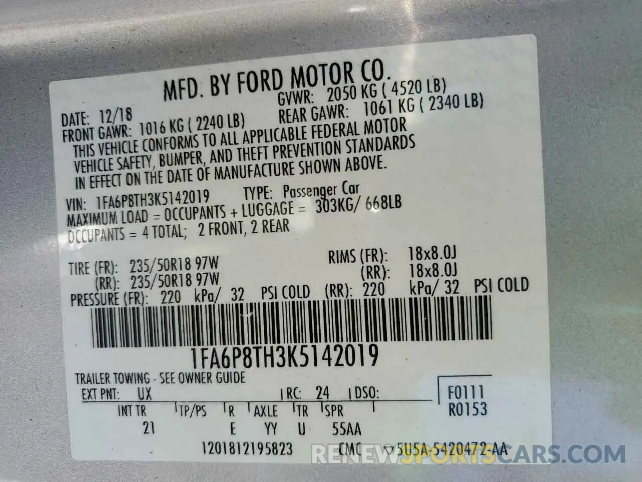 13 Photograph of a damaged car 1FA6P8TH3K5142019 FORD ALL Models 2019