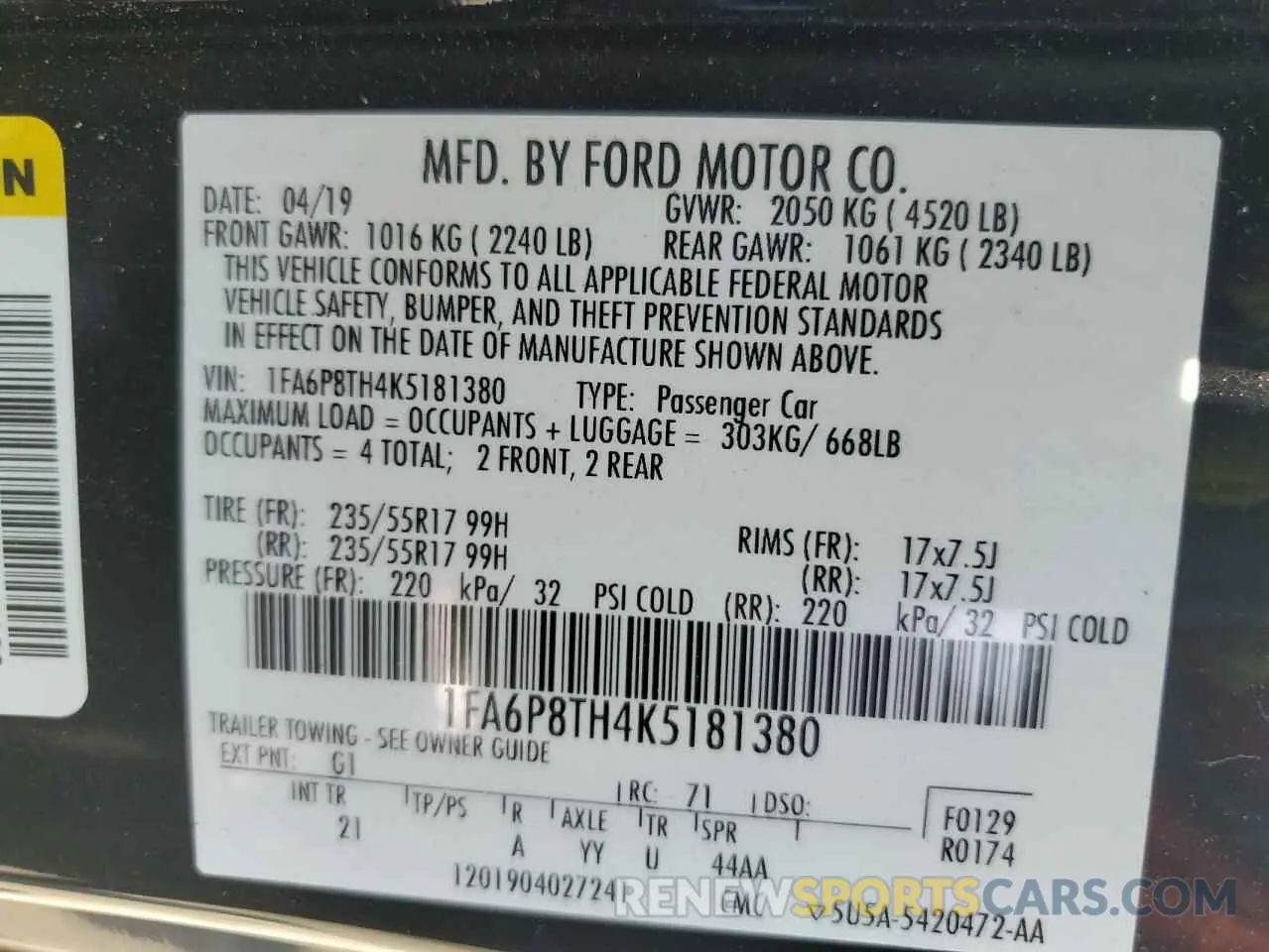 12 Photograph of a damaged car 1FA6P8TH4K5181380 FORD ALL Models 2019
