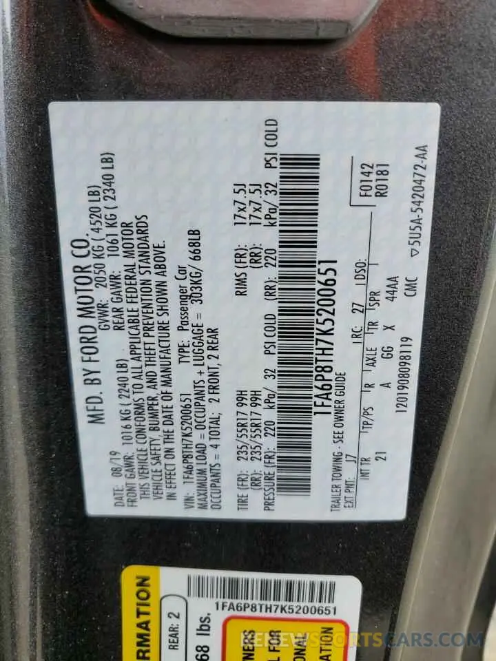 13 Photograph of a damaged car 1FA6P8TH7K5200651 FORD ALL Models 2019