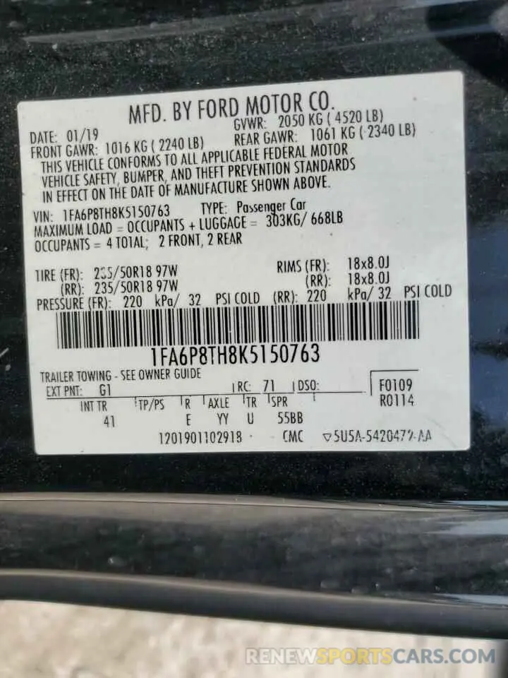 13 Photograph of a damaged car 1FA6P8TH8K5150763 FORD ALL Models 2019