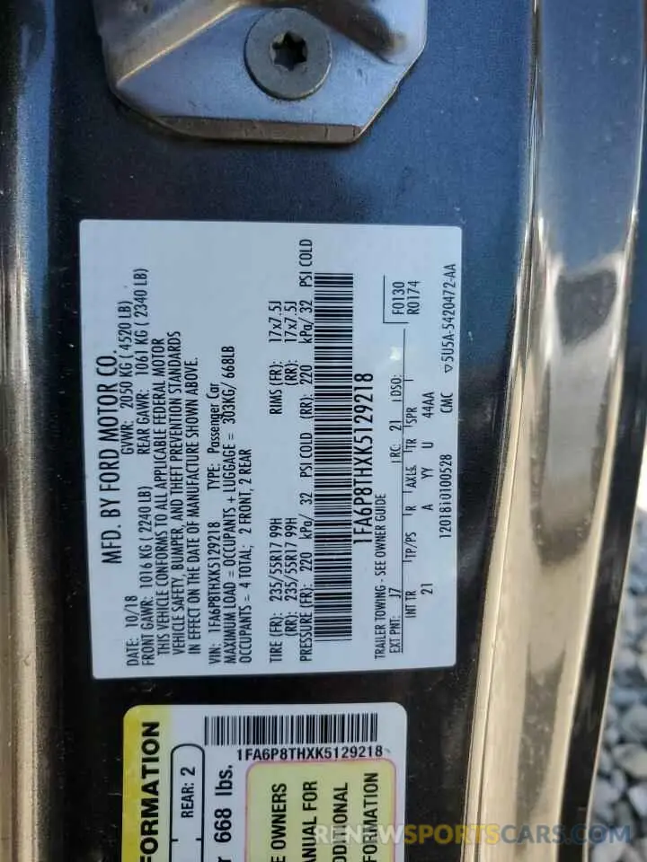 12 Photograph of a damaged car 1FA6P8THXK5129218 FORD ALL Models 2019