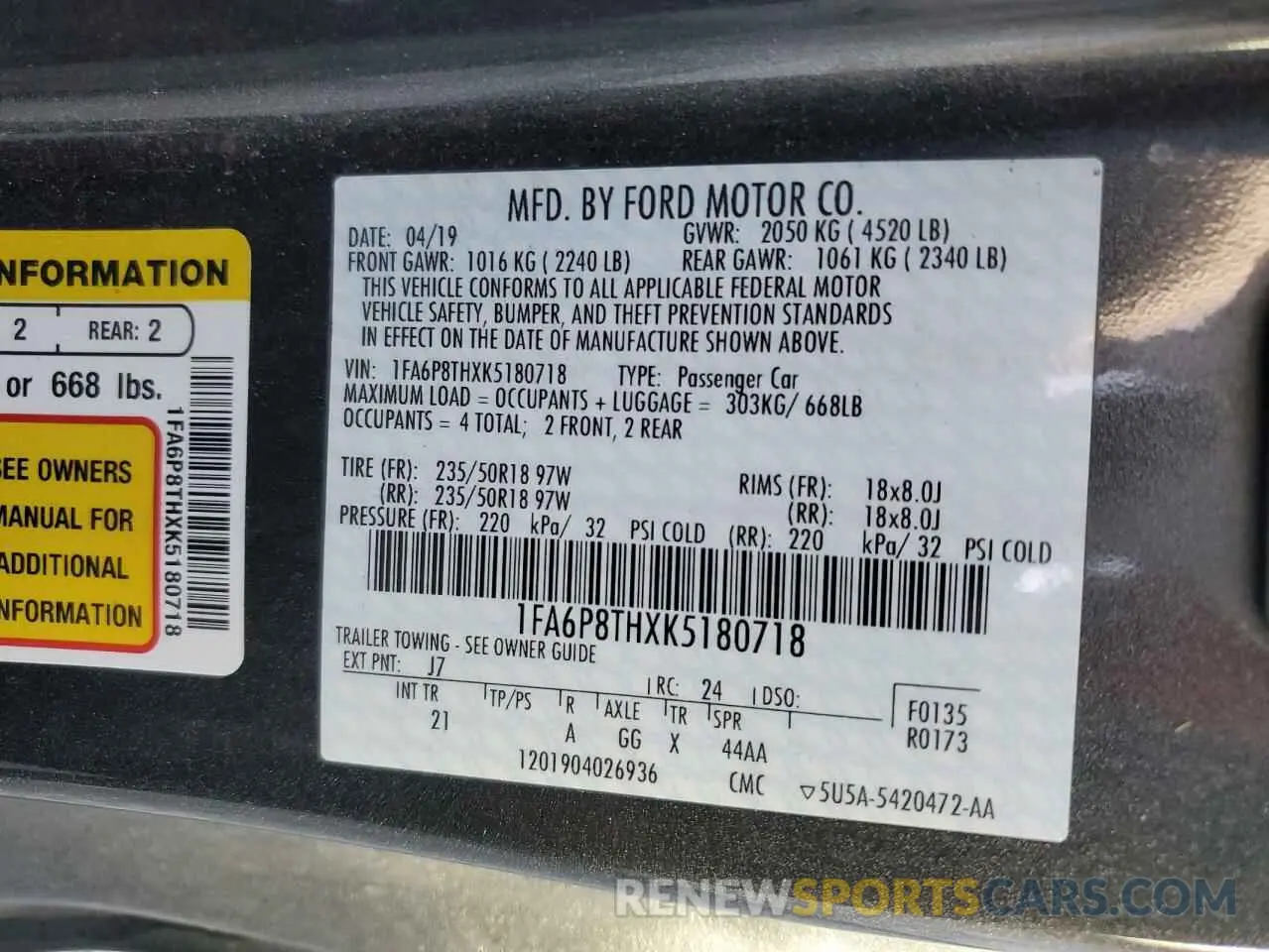 14 Photograph of a damaged car 1FA6P8THXK5180718 FORD ALL Models 2019