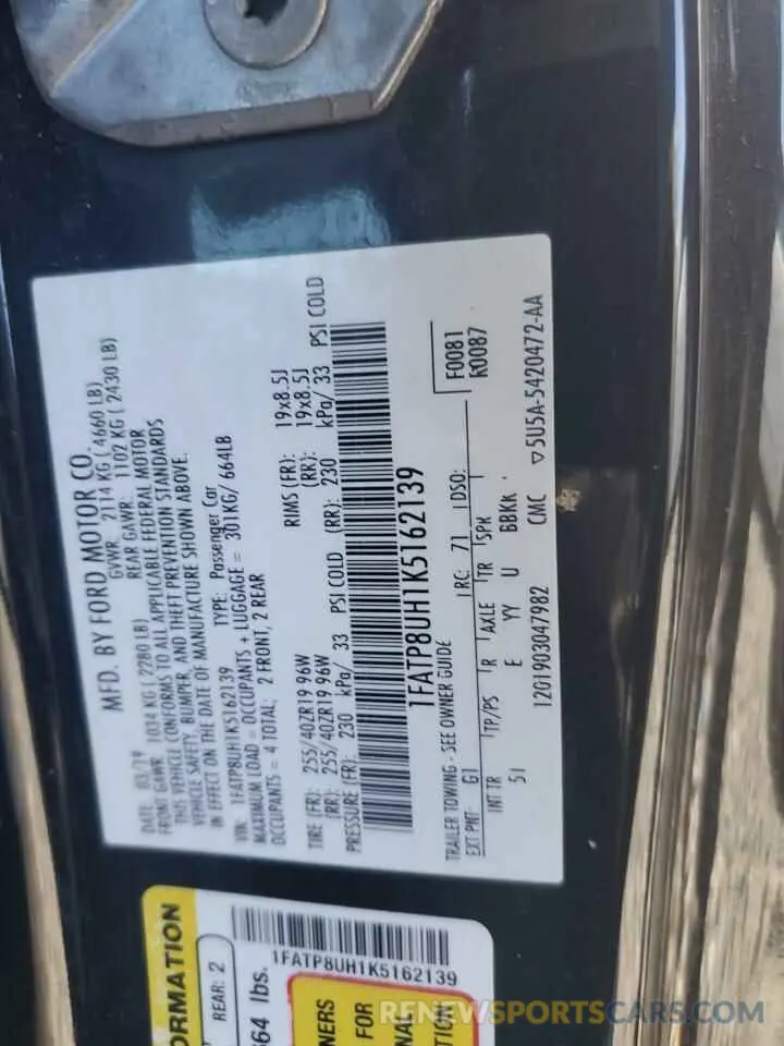 12 Photograph of a damaged car 1FATP8UH1K5162139 FORD ALL Models 2019
