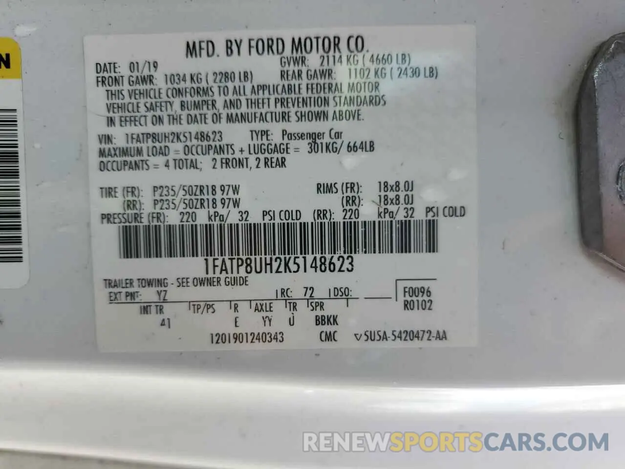 12 Photograph of a damaged car 1FATP8UH2K5148623 FORD ALL Models 2019