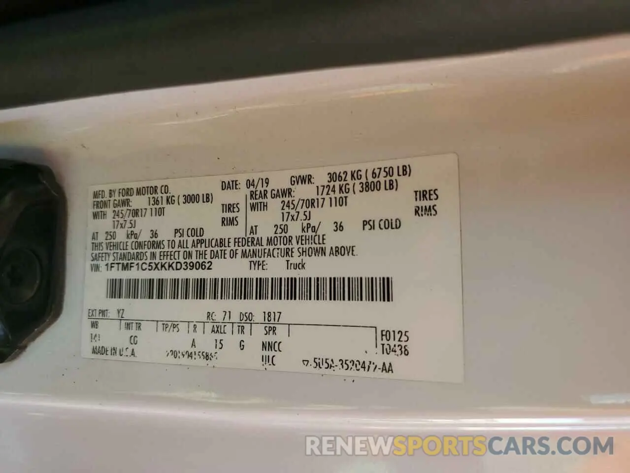 12 Photograph of a damaged car 1FTMF1C5XKKD39062 FORD All Models 2019
