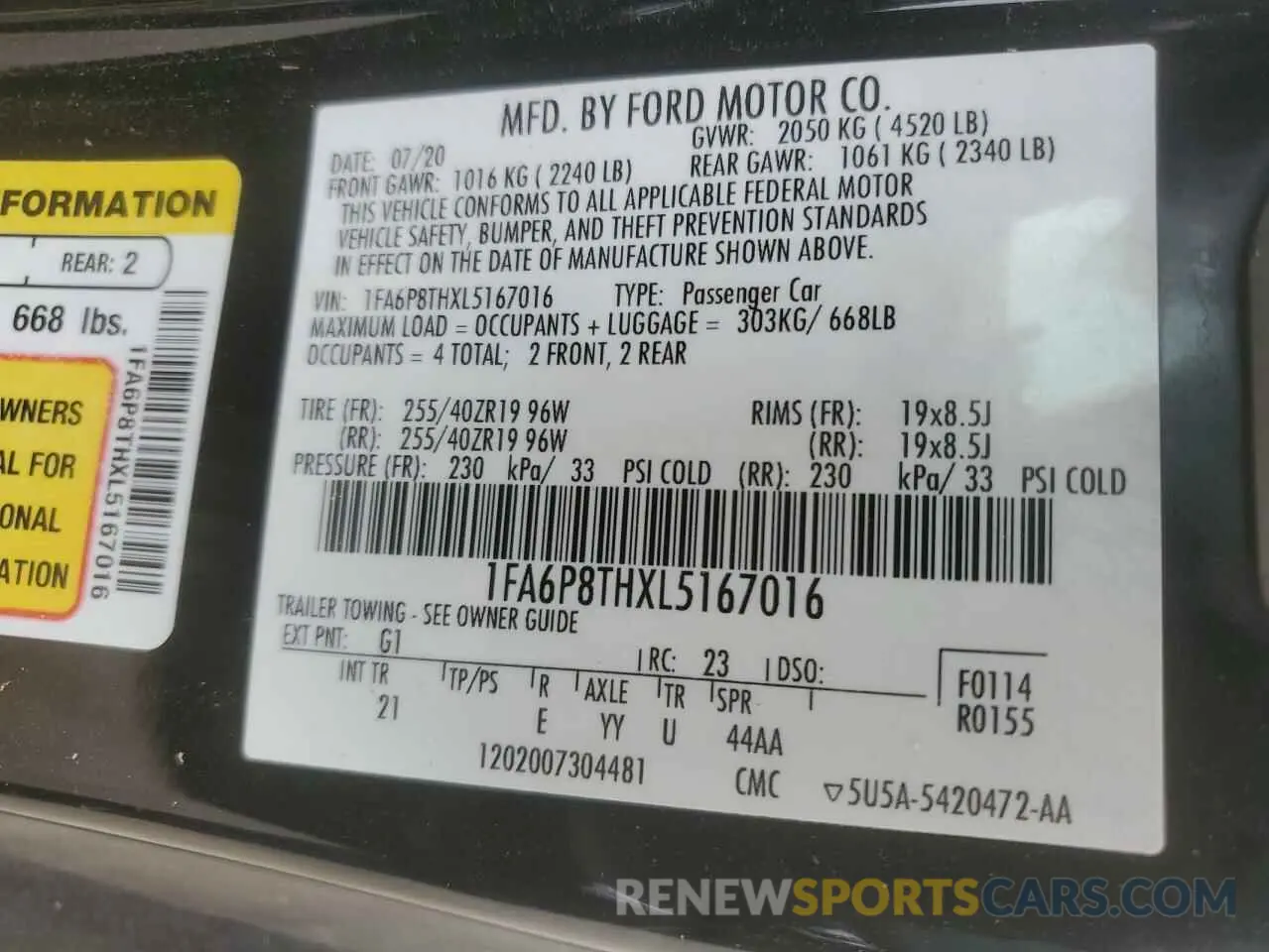 13 Photograph of a damaged car 1FA6P8THXL5167016 FORD ALL Models 2020