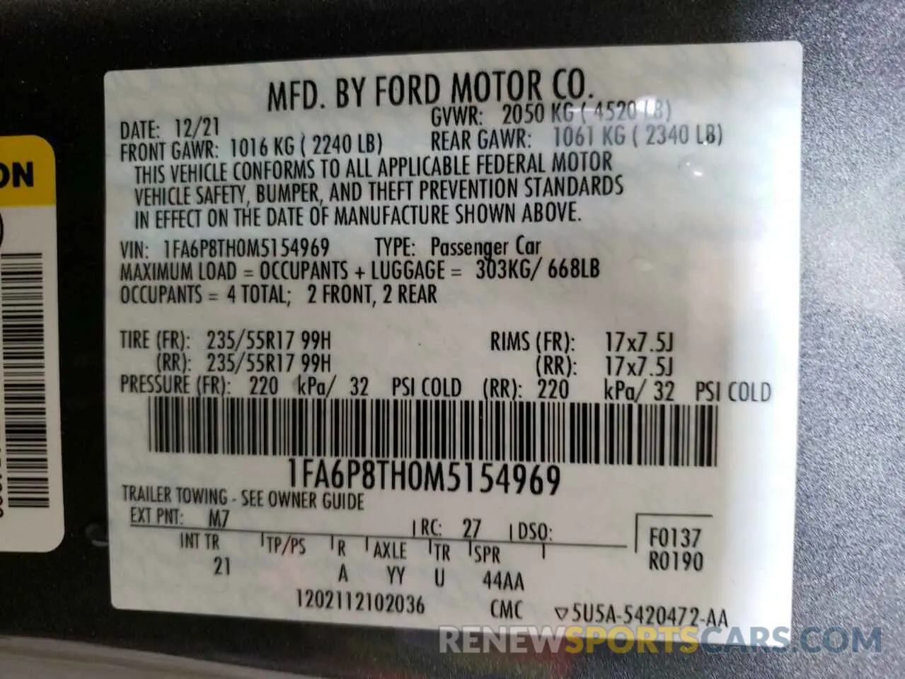 12 Photograph of a damaged car 1FA6P8TH0M5154969 FORD ALL Models 2021