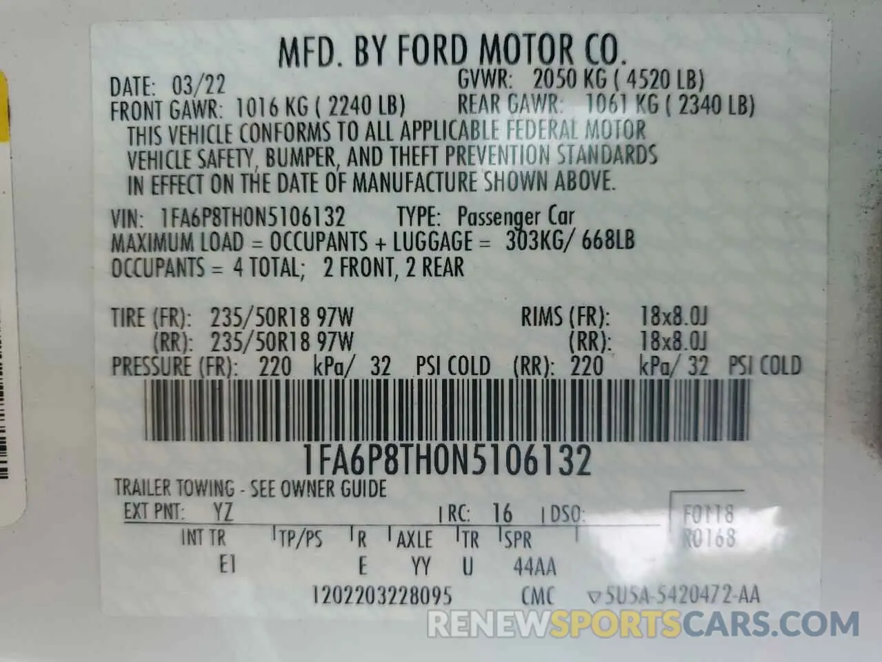 12 Photograph of a damaged car 1FA6P8TH0N5106132 FORD ALL Models 2022