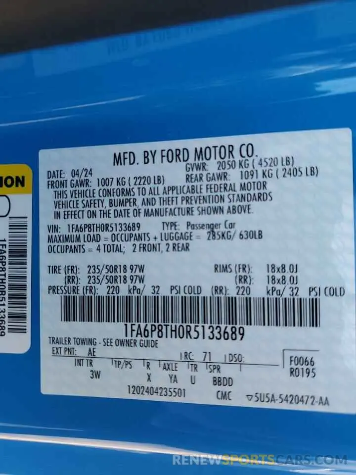 13 Photograph of a damaged car 1FA6P8TH0R5133689 FORD ALL Models 2024