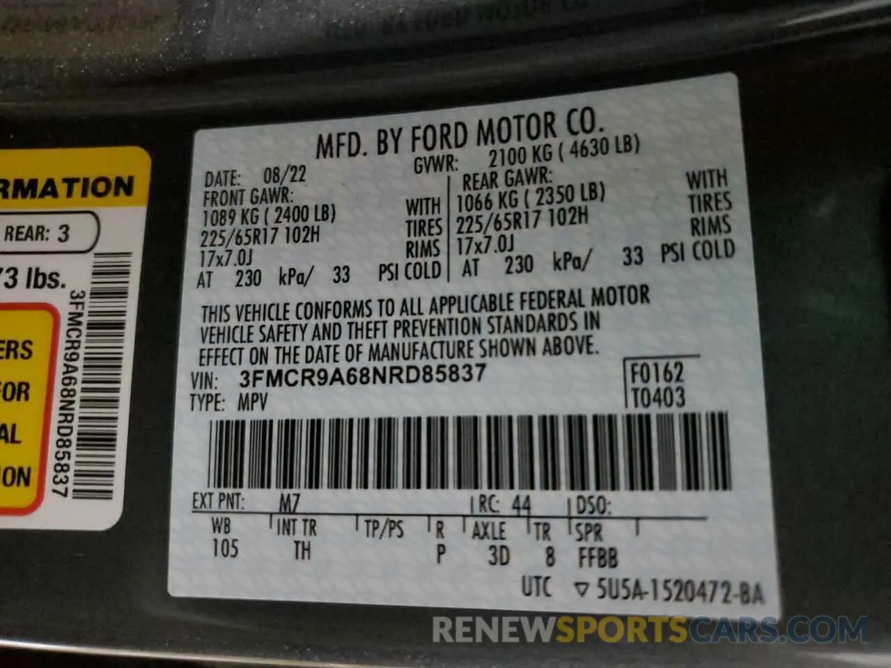 12 Photograph of a damaged car 3FMCR9A68NRD85837 FORD BRONCO 2022