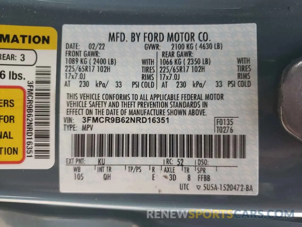 15 Photograph of a damaged car 3FMCR9B62NRD16351 FORD BRONCO 2022