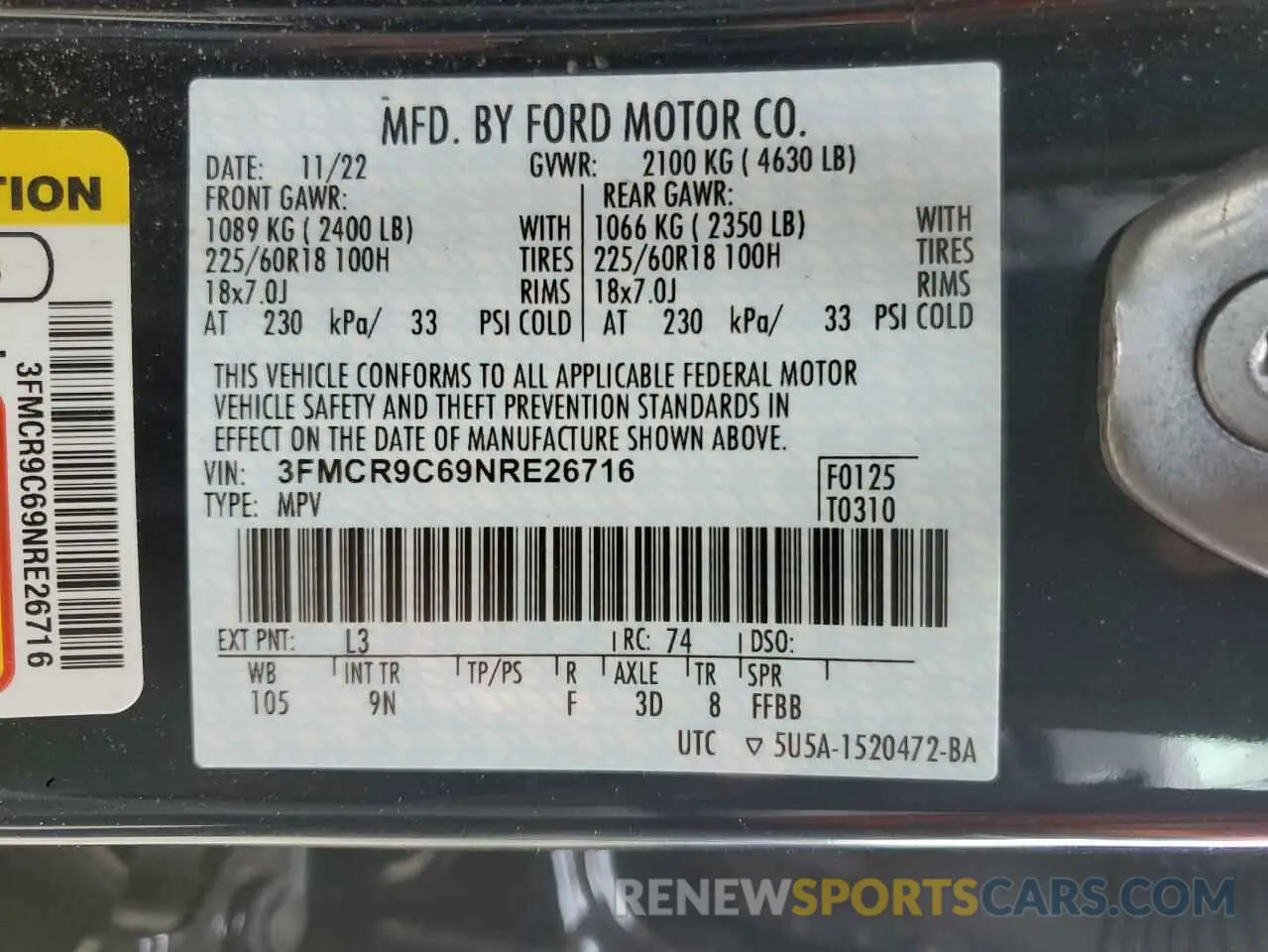 15 Photograph of a damaged car 3FMCR9C69NRE26716 FORD BRONCO 2022
