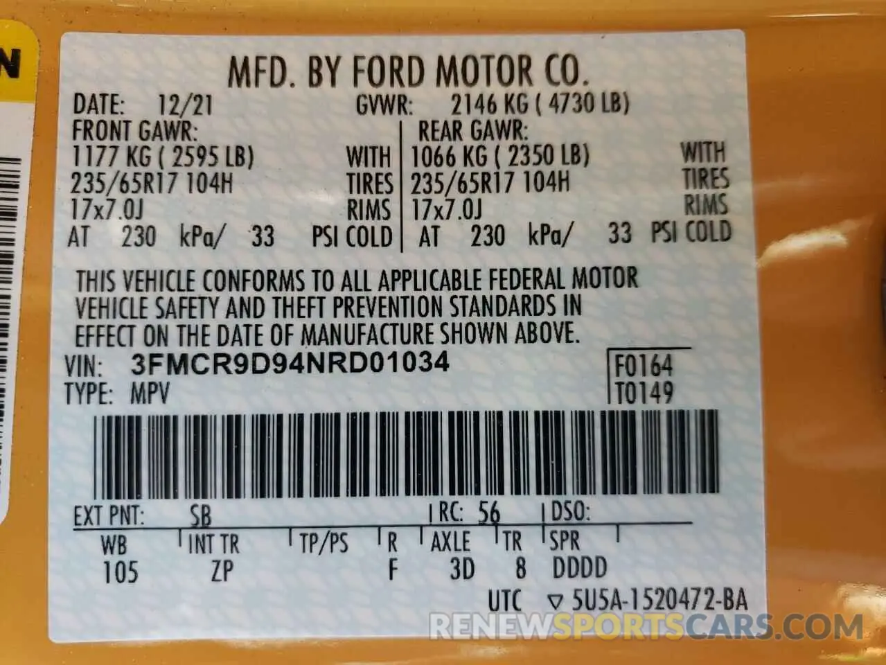 14 Photograph of a damaged car 3FMCR9D94NRD01034 FORD BRONCO 2022