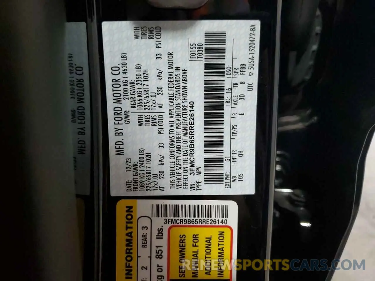 15 Photograph of a damaged car 3FMCR9B65RRE26140 FORD BRONCO 2024